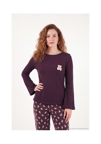 Lela Yumuşak Dokulu Desenli Uzun Kollu Pijama Takımı Kadın Pijama Takımı 6575018 Kahve