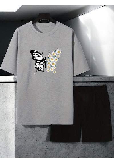 Uyguntarz Unisex Papatya Kelebek Tasarım Basklı Tshirt Şort Takımı Gri