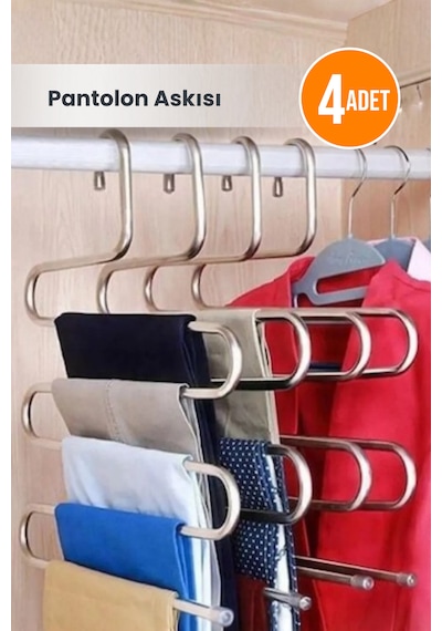 4 Adet 5 Bölmeli Metal Elbise Ve Pantolon Askısı - Giysi Eşarp Fular Düzenleyici Askı Krom