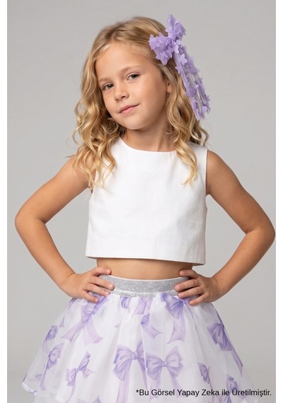 Le Mabelle Ekru Saten Kolsuz Kız Çocuk Crop Ekru