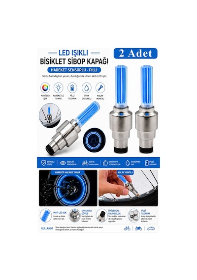 Işıklı Sibop Kapağı 2 Li 1 Paket Fotosel Haraket Sensörlü Led Işık Bisiklet Araba Motor Tekerlek Lastik Mavi