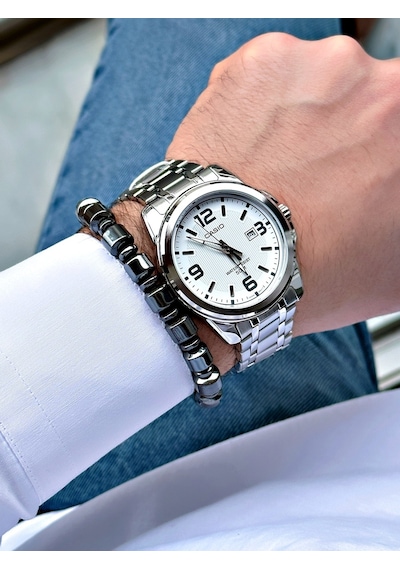 Casio Gümüş Silver Renk Çelik Kordon   Spor Metal Erkek Kol Saati + Bileklik Hediyeli Nda97
