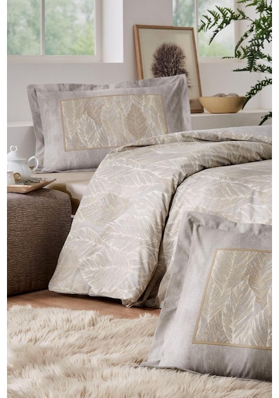 Özdilek Folha De Ouro Çift Kişilik Fitted Çarşaflı Nevresim Takımı Bej Bej