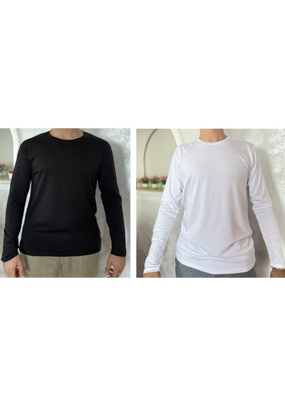 Erkek Elastan Bisiklet Yaka Uzun Kol 2 Adet T-Shirt