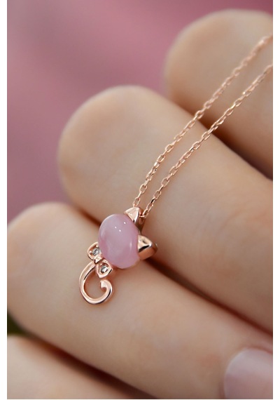 Papatya Silver 925 Ayar Rose Kaplama Ay Taşlı Gümüş Kedi Kolye