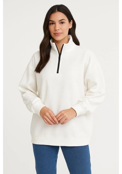 Primemagazam Kadın 3 İplik Pamuklu Dık Yaka Yarım Fermuarlı Sweatshirt - Beyaz Çeşitli