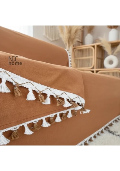 Premium Keten Tarçın Tarçın Ponponlu Koltuk Örtüsü 170 X 220 Tarçın