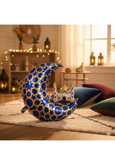 65 X 63 Cm Folyo Balon Mavi Gold Desenli Cami Figürlü Hilal - Ramazan Süs Balonu Çok Renkli