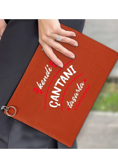 Bk Gift Kişiye Özel Kendin Tasarla Astarlı Portföy Kiremit Çanta 30x21cm, Baskılı El Çantası, Organizer Çanta Haki