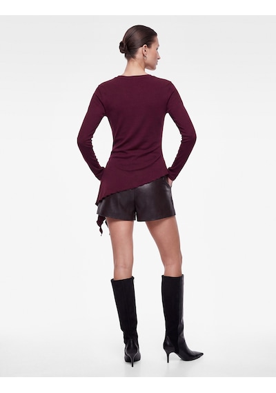 Koton Pamuklu Bisiklet Yaka Uzun Kollu Slim Fit Drapeli Mürdüm Rengi Asimetrik Bluz Mürdüm 7wak80255ek Mor