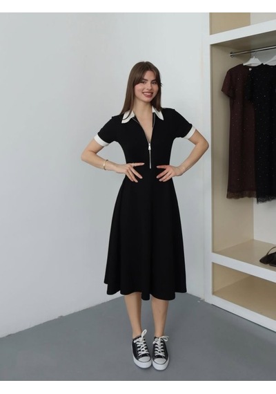Etiler Collection Kadın Polo Yaka Fermuar Detaylı Modal Midi Elbise Siyah