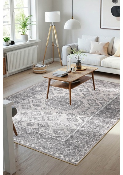 Stonart Eskitme Vintage Desenli Gri Otantik Yıkanabilir Şönil Halı Al 456 gri
