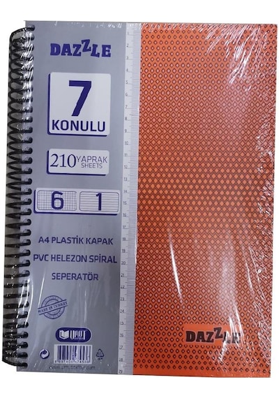 6+1 Ayraçlı Defter 7 Konulu 210 Yaprak 1 Adet 6 Kareli 1 Çizgili Spralli Plastik Kapak Seperatörlü Turuncu