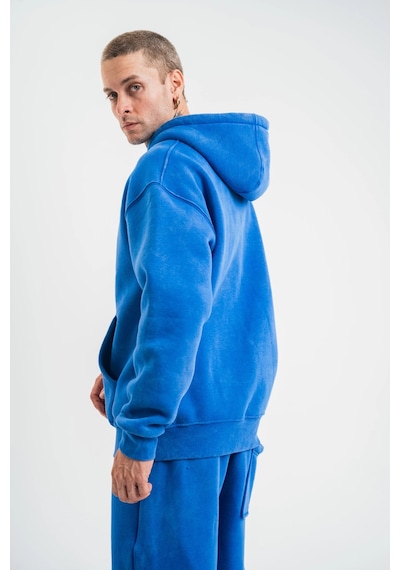 Barlashive Erkek 3 İplik Pamuklu Oversize Kapüşonlu Yıkamalı Hoodie Sweatshirt - Mavi Çok Renkli