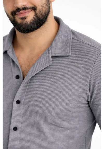 Etiler Collection Erkek Waffle Kumaş Uzun Kollu Düğmeli Açık Yaka Regular Fit Gömlek - Füme