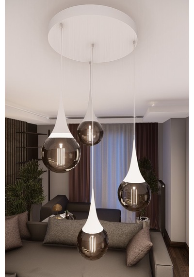Liora Modern Beyaz Metal Avize - Füme Cam, 4'lü Sarkıt, E27 Duy,