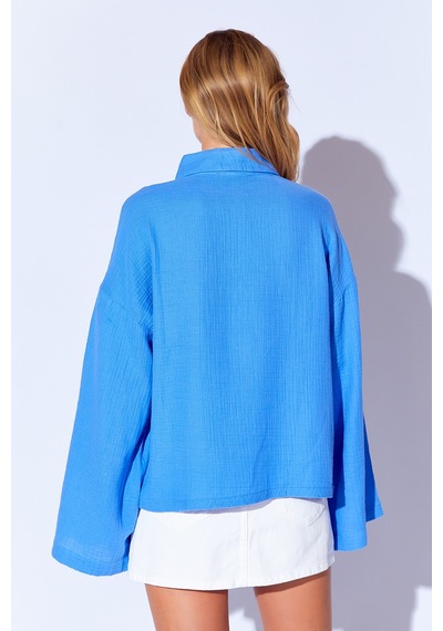 Manche Saks Kolları Salaş Yıkamalı Müslin Oversize Rahat Kalıp Kadın Basic Gömlek Mks166881-01 Manche Saks Kolları Salaş Yıkamalı Müslin Oversize Rahat Kalıp Kadın Basic Gömlek Mks166881-01