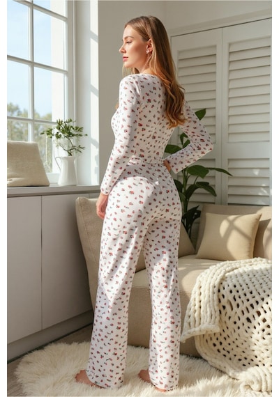 Bella Notte Çiçek Baskılı Uzun Kollu Pamuk - Viskon Pijama Takımı Beyaz