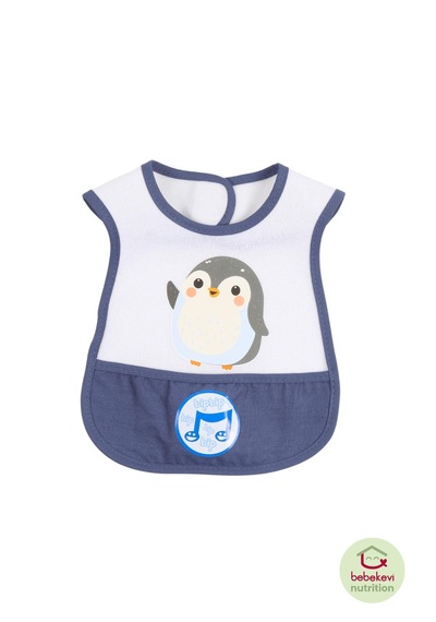Düdüklü Cepli Sıvama Mama Önlüğü - Minik Penguen Bebek Önlüğü Koyu Mavi