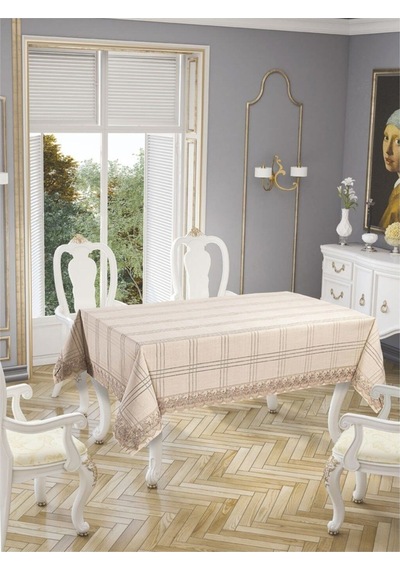 Dantelli Keten Efektli Leke Tutmaz Lüks Masa Örtüsü 160x220 Cm Bej