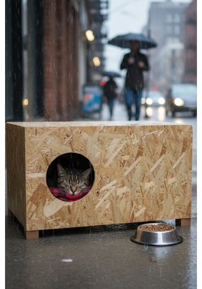 Reyo Büyük Boy Kedi Evi Sokak Hayvanları İçin Kedi Yuvası Ahşap Kedi Kulübesi Yağmura ve Soğuğa Dayanıklı OSB 60 x 40 x 30 CM CAT24