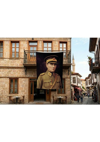 Atatürk Asker Ünüformasıyla Poster Bayrak Premium Raşel Kumaş 300x450cm Ata52 Diğer