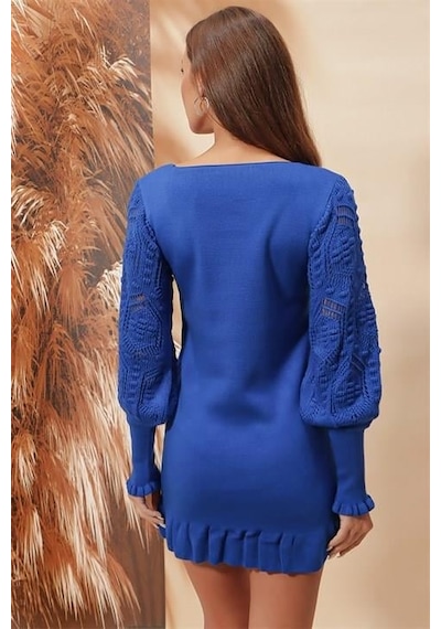 Aqe Fashion Kol Dantel Detaylı U Yaka Eteği Fırfırlı Saks Mavi Elbise Saks Mavi