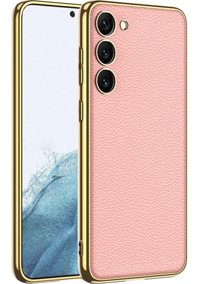 Galaxy S23 Plus Kılıf Deri Görünümlü Kenarları Elektroplating Kaplama Zore Fizyon Kapak Pembe