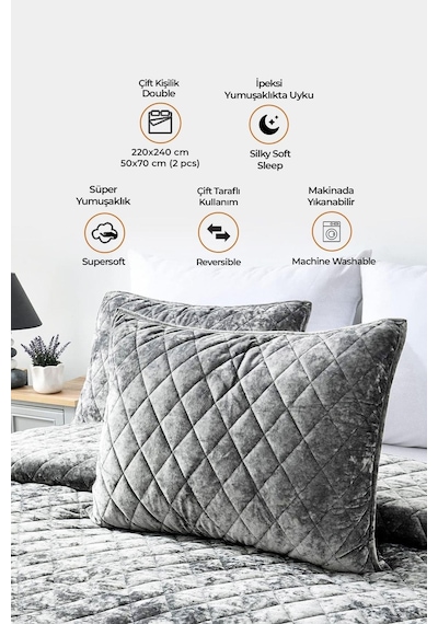 Evlen Home Kapitone Kadife Yatak Örtüsü Seti Çift Kişilik Supersoft 3 Parça Yumuşak Elyaf Dolgulu Gri Gri