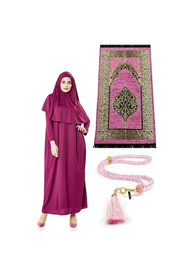 Tek Parça Namaz Elbisesi - Seccade - Tesbih - Ibadet Seti - Fuşya