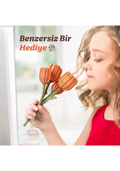 Rowood Tw081 Lale Çiçeği Orange Tulip Dıy Minyatür Maket Model Seti Ahşap 3d Wooden Puzzle 3d Model Kit Ahşap Maket Dekoratif Hobi Seti