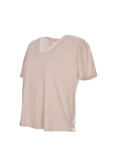 Ysatis V Yaka Oversize Minimalist Kadın Bluz - Kısa Kol - Günlük Bej