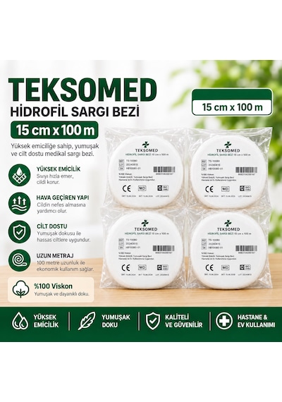 Teksomed Hidrofil Sargı Bezi 15 Cm X 100 Metre Yüksek Emici, Yumuşak Ve Hava Geçirgen 2 Adet