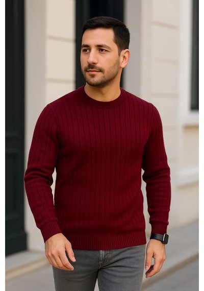 Tarzyeri Erkek Bisiklet Yaka Triko Kazak Pamuklu Kalın Fitilli Dokuma Regular Fit - Bordo Yeşil
