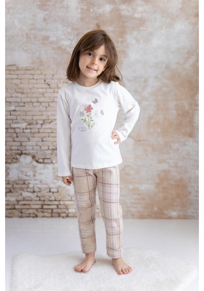 Mininio Kız Bebek Nakış Detaylı T-shirt Tayt Takım - Bej Bej