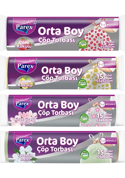 Orta Boy Büzgülü Çöp Torbası Paketi Çilek, Limon, Yasemin Ve Kiraz Çiçeği Kokulu