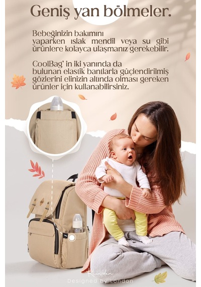 Kiwi Coolbag Anne Bebek Çantası - Bebek Bakım Çantası - Termal Gözlü Su Geçirmez Alt Açma Pedli - Gri Grii