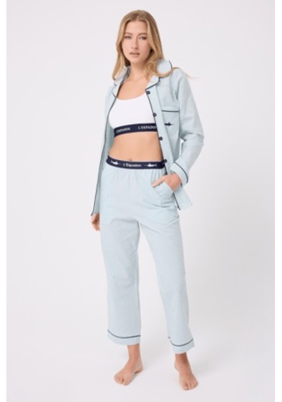 Lespadon Marısılk Seastrıpe Premium Dokuma Uzun Kollu Crop Pantolonlu Kadın Pijama & Lounge Takımı-3190 Yesil