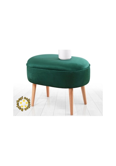 Gürgen Ahşap Ayak Düz Kumaş Oval Puf Bench Tabure Sandalye Yeşil