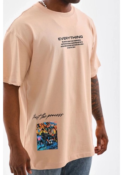 Erkek Bisiklet Yaka Baskılı Oversize T-shirt - Bej Bej