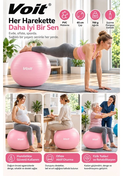 65 cm Pilates Topu Pompa Dahil Fitness ve Denge Egzersiz Topu Pembe