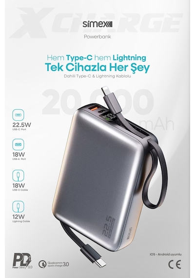 Simex 20.000 Mah 22.5w Hızlı Şarj Pd Powerbank Kendinden Kablolu Ve Dijital Göstergeli Taşınabilir Cihazı Standart
