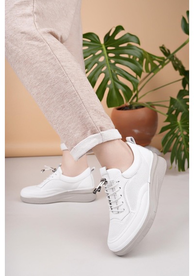 Nesilshoes Modessa 121 Beyaz Bağcıklı Hakiki Soft Deri Kadın Ayakkabı