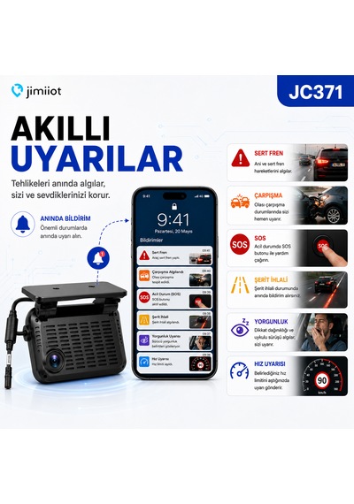 Jimiiot Jimi Iot Jc371 Çift Kameralı 4g Araç Kamerası Ve Gps Takip Sistemi Aı, Canlı İzleme, 3. Kamera Desteği