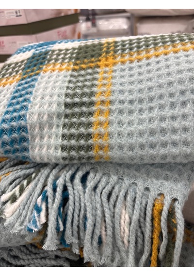 Sesli Comfort Mavi Yeşil Sarı Ekose Skoç Pamuk Örme Battaniye 200x220 Çift Kişilik Battal Diğer