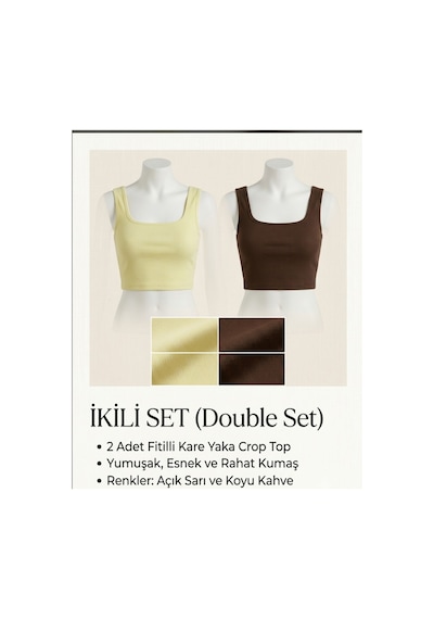 Trendol Fashion Life İkili Set Ribana Kumaş Crop Atlet Body Sarı,kahve Sarı,kahve