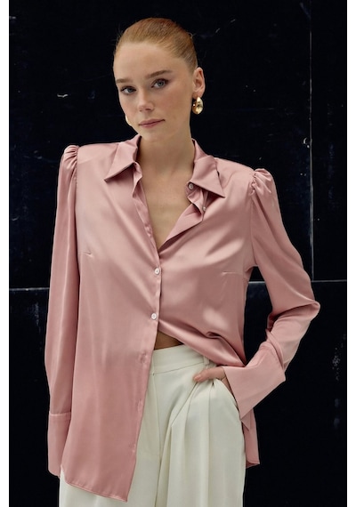 Sateen Vatkalı Saten Gömlek - Pembe-136730 Pembe