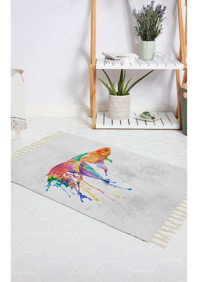 Banyo Halısı Dijital Baskılı Banyo Paspası 50x80 Polyester Kaymaz Tabanlı Duş Paspası Gold Fish Beyaz - Siyah