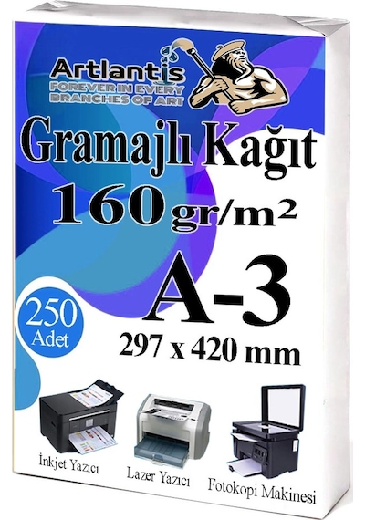A3 Gramajlı Fotokopi Kağıdı 250 Adet 160 Gr Sertifika Kağıdı Kalın Kağıt Baskı Tüm Yazıcılara Uyumlu 29.7x42cm Ofis Büro