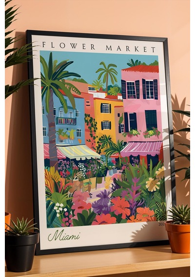 Miami Amerika Çerçeveli Tablo Seyahat Severlere Salon Ve Ofis İçin Estetik Duvar Dekoru Travel Flower Market
